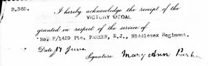 Victory medal receipt for Edward Parker